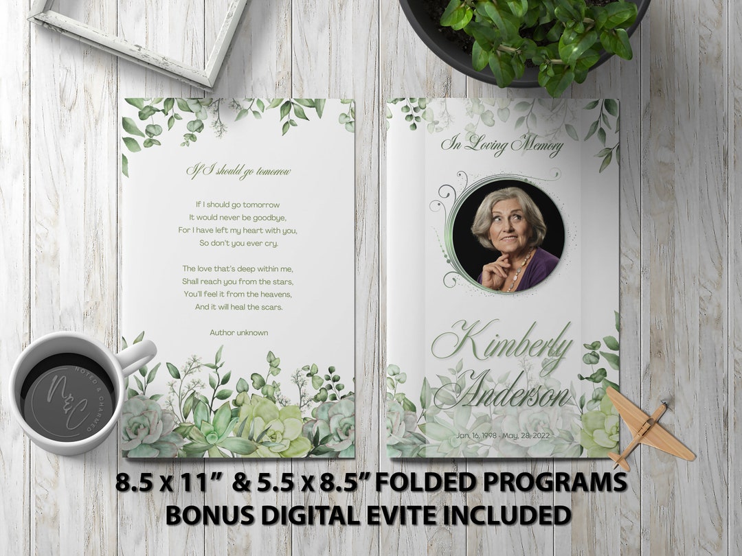 Green Succulents Funeral Program Template Memorial Announcement ...
