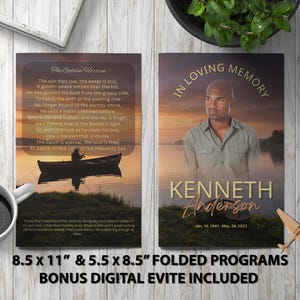 Könnte beinhalten: Gefaltete Gedenkprogramme mit einer Sonnenuntergangsszene und einem Mann in einem Boot. Ein Programm zeigt ein Gedicht, das andere ein Porträt und den Namen "Kenneth Anderson". Inklusive digitaler Einladung.