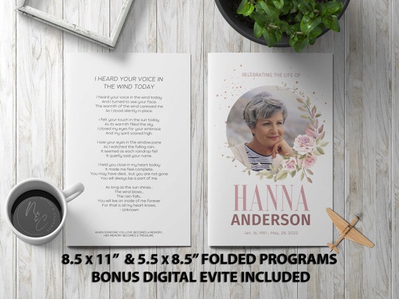 Pink Rose Funeral Program Template - Memorial Announcement, Obituary Flyer, Celebration of Life Magazine, 5.5x8.5 + 8.5x11 & Digital Evite