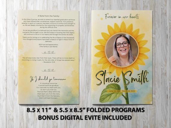 Sunflower Funeral Program Template for a Celebration of Life • Watercolor Memorial Brochure with Photo Tribute | Noted & Charmed