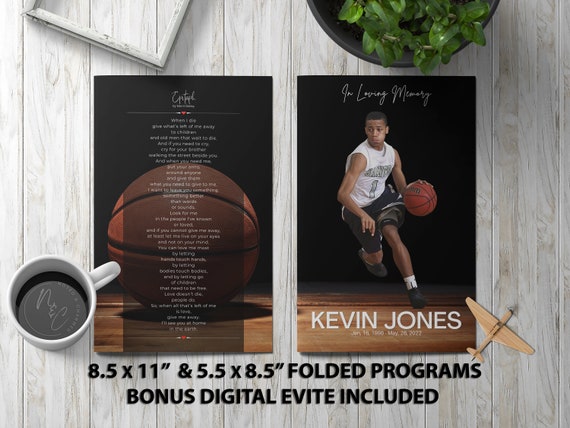 Basketball Funeral Program Template Memorial Announcement, Obituary Flyer, Celebration of Life Magazine, 5.5x8.5 & 8.5x11 Bonus Evite