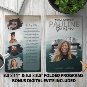 May include: A folded funeral program template with a teal and brown watercolor background. The program features a poem titled "One at Rest" and a photo of a woman. The program also includes the name "Pauline Benson" and the dates "Jan. 16, 1991 - May 28, 2022". The program is available in two sizes: 8.5 x 11 inches and 5.5 x 8.5 inches.