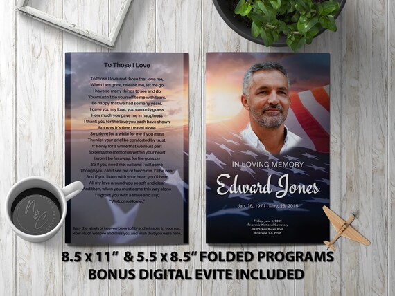 Flag at Sunset Funeral Program Template Memorial Announcement, Obituary Flyer, Celebration of Life Magazine, 5.5x8.5 & 8.5x11 Tabloid Folded