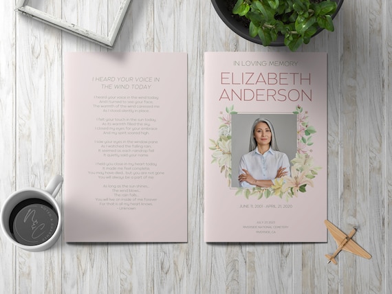 Pink and Yellow Flowers Funeral Program Template - Celebration of Life, In Loving Memory, Keepsake Brochure Magazine, Instant Download