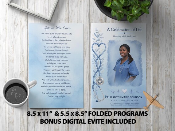 Serene Blue Nurse Funeral Program Template for Celebration of Life • Elegant Medical Memorial Brochure Design | Noted & Charmed