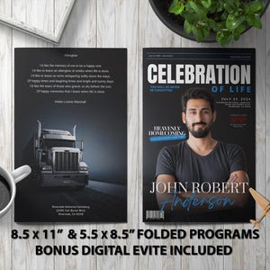 Può includere: Un programma funebre in bianco e nero con una foto di un uomo e il testo "Celebrazione della vita" e "John Robert Anderson". Il programma misura 8,5 pollici per 11 pollici e 5,5 pollici per 8,5 pollici quando è piegato. Include anche un invito digitale bonus.