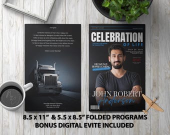 Trucker Funeral Program Template Memorial Announcement, Obituary Flyer, Celebration of Life Magazine, 5.5x8.5 & 8.5x11 Folded