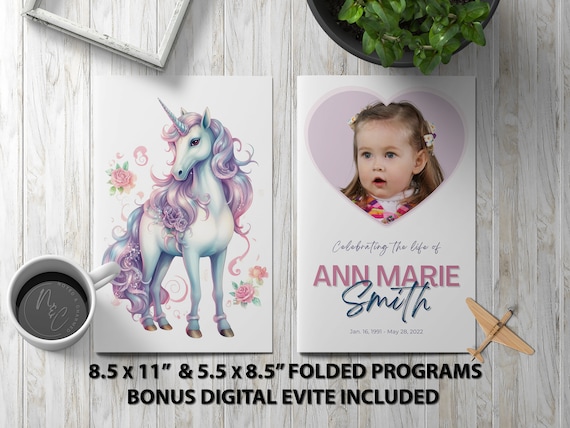 Unicorn Childs Funeral Program Template Memorial Announcement, Obituary Flyer, Celebration of Life Magazine, 5.5x8.5 & 8.5x11