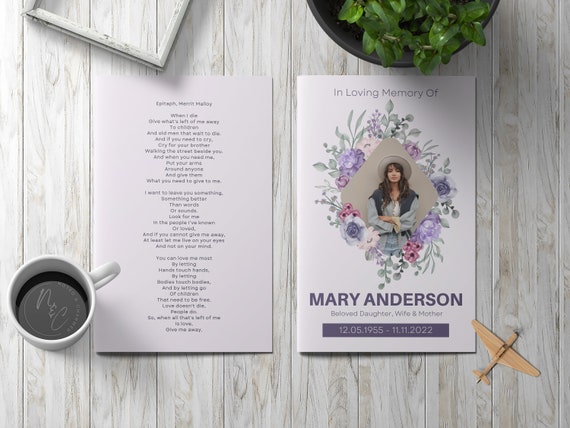 Lavender Roses Funeral Program Template - Celebration of Life, In Loving Memory, Keepsake Brochure Magazine, Instant Download