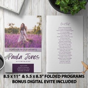 Purple Grace minnesprogram | Minimalistisk redigerbar begravningsmall | Direkt nedladdning