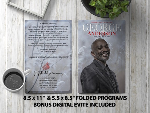 Red Cardinal Funeral Program Template Memorial Announcement, Obituary Flyer, Celebration of Life Magazine, 5.5x8.5 & 8.5x11 + Digital Evite