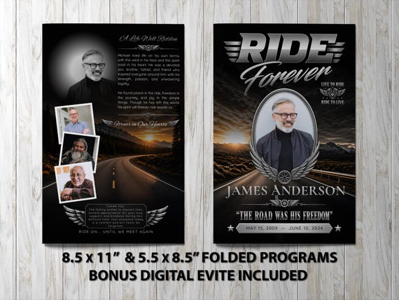 Ride Forever Motorcycle Funeral Program – Biker Memorial Magazine‑Style Celebration of Life Template | Noted and Charmed