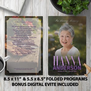 Könnte beinhalten: Ein Gedenkprogramm mit dem Text "In Loving Memory" und dem Namen "HANNA ANDERSON" mit Daten. Das Programm enthält ein Gedicht mit dem Titel "The Garden Path" und ist in gefalteten Formaten von 21,6 x 27,9 cm und 14 x 21,6 cm erhältlich.