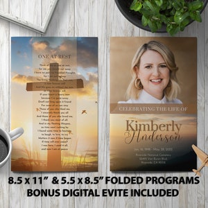 May include: A folded funeral program with a sunset background and a cross. The front cover features a photo of a woman and the text "Celebrating the Life of Kimberly Anderson". The back cover features a poem titled "One at Rest" and a cross silhouette.