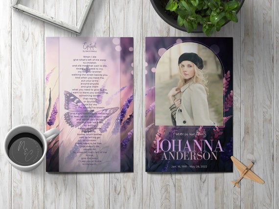 Purple and Pink Memorial Funeral Program Template - Celebration of Life, In Loving Memory, Keepsake Brochure Magazine, Instant Download