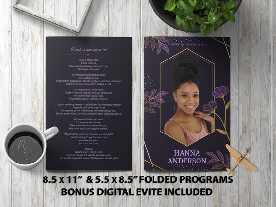 Purple and Gold Funeral Program Template Memorial Announcement, Obituary Flyer, Celebration of Life Magazine, 5.5x8.5 & 8.5x11 + Digital