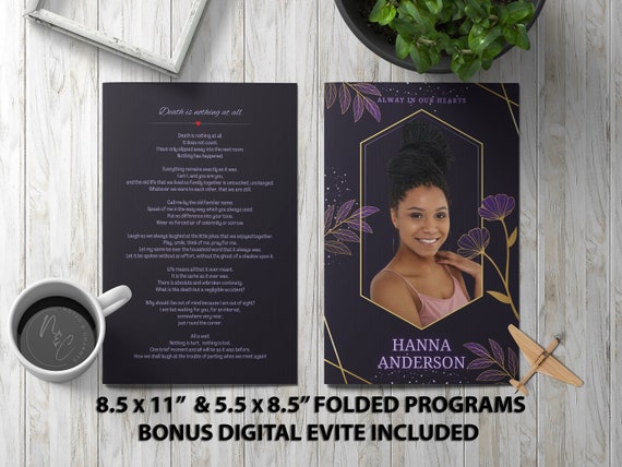 Purple and Gold Funeral Program Template Memorial Announcement, Obituary Flyer, Celebration of Life Magazine, 5.5x8.5 & 8.5x11 + Digital