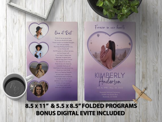 Purple Watercolor Funeral Program Template Memorial Announcement, Obituary Flyer, Celebration of Life Magazine, 5.5x8.5 & 8.5x11 + Evite