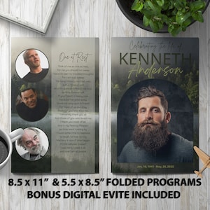 Mountain Lake begrafenisprogramma sjabloon herdenkingsaankondiging, doodsbrief flyer, Celebration of Life Magazine, 5,5 x 8,5 en 8,5 x 11, digitale Evite