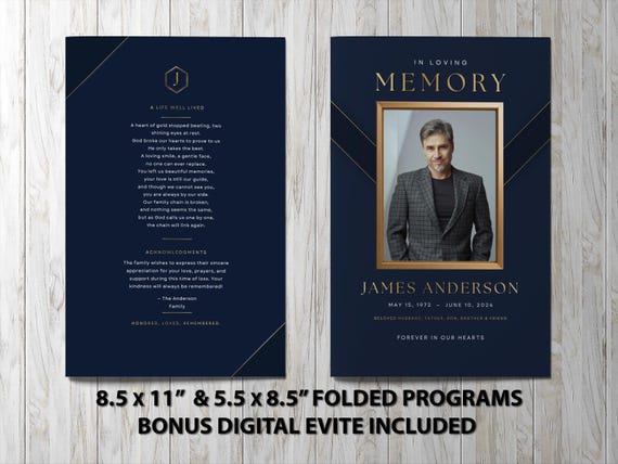 Elegant Navy and Brass Funeral Program for a Celebration of Life • Modern Memorial Brochure with Photo Tribute | Noted & Charmed