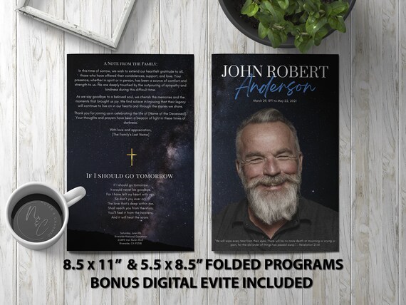Night Sky Funeral Program Template Memorial Announcement, Obituary Flyer, Celebration of Life Magazine, 5.5x8.5 & 8.5x11 + Digital Evite
