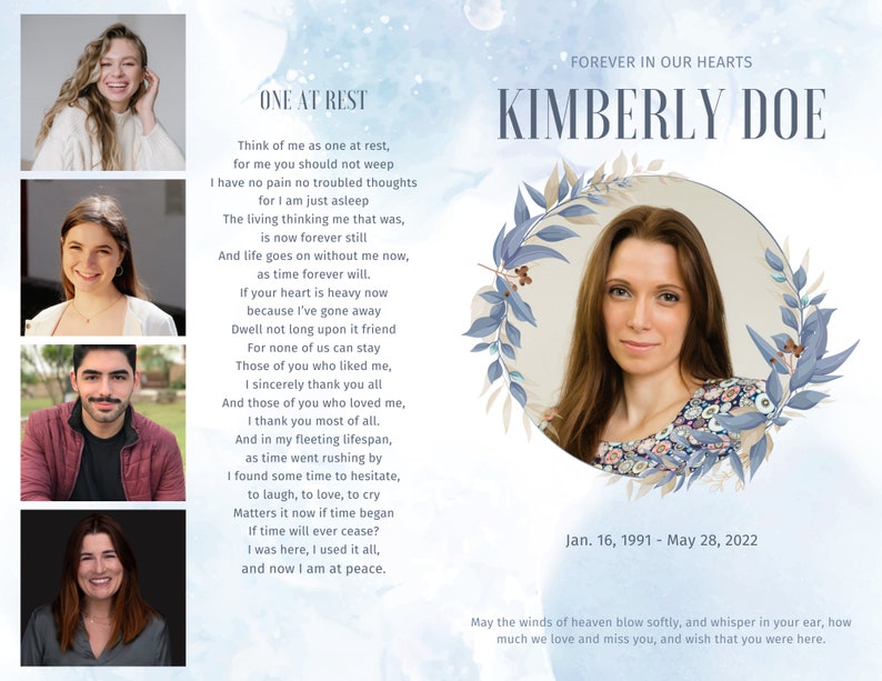 Funeral Program Template, Editable Blue Memorial Brochure, Obituary