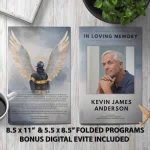 May include: A folded funeral programme template featuring a watercolour illustration of a firefighter with angel wings and a photograph of a man. The programme is 8.5 inches by 11 inches and 5.5 inches by 8.5 inches. It includes a digital evite.