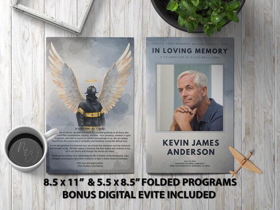 Fireman Funeral Program Template Memorial Announcement, Obituary Flyer, Celebration of Life Magazine, 5.5x8.5 & 8.5x11 Folded