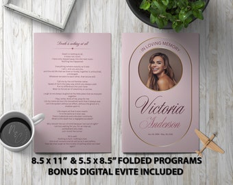 Modern Light Pink Funeral Program Template Memorial Announcement, Obituary Flyer, Celebration of Life Magazine, 5.5x8.5 & 8.5x11 Digital