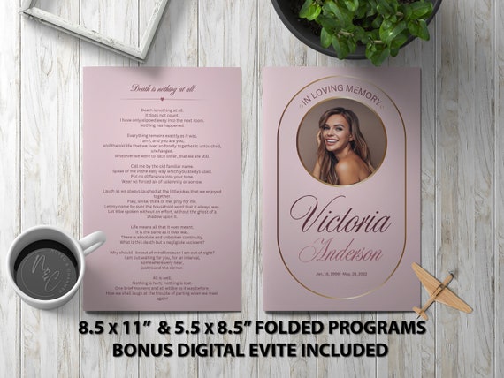 Modern Light Pink Funeral Program Template Memorial Announcement, Obituary Flyer, Celebration of Life Magazine, 5.5x8.5 & 8.5x11 Digital