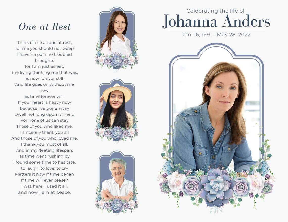 Editable Blue Succulent Funeral Program Template Celebration - Etsy
