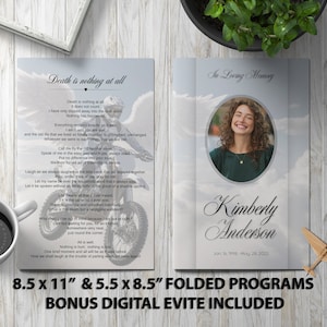 Szablon programu pogrzebowego Dirt Bike Angel Ogłoszenie pamiątkowe, ulotka nekrologowa, magazyn Celebration of Life, 5,5 x 8,5 i 8,5 x 11 + cyfrowy