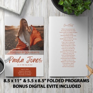 Sunset Orange minnesprogram | Minimalistisk redigerbar begravningsmall | Direkt digital nedladdning