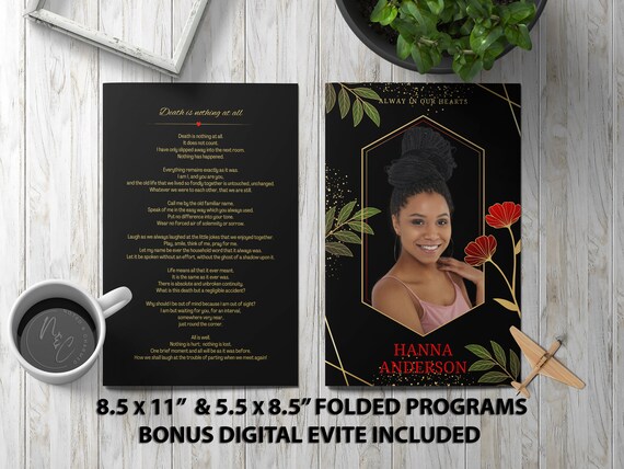 Gold and Red Floral Funeral Program Template Memorial Announcement, Obituary Flyer, Celebration of Life Magazine, 5.5x8.5 & 8.5x11 + Digital