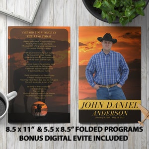 Cowboy 2 Options Funeral Program Template Memorial Announcement, Obituary Flyer, Celebration of Life Magazine, 5.5x8.5 & 8.5x11 Folded