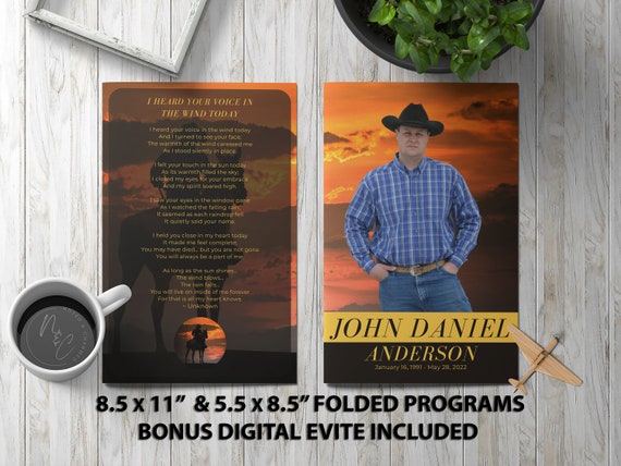 Cowboy 2 Options Funeral Program Template Memorial Announcement, Obituary Flyer, Celebration of Life Magazine, 5.5x8.5 & 8.5x11 Folded