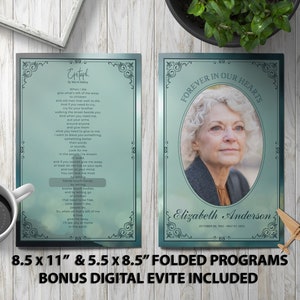 May include: A folded funeral program template with a blue and green color scheme. The front cover features a photo of a woman with the text "Forever in Our Hearts" and the name "Elizabeth Anderson". The back cover features a poem titled "Epitaph" by W.H. Auden.
