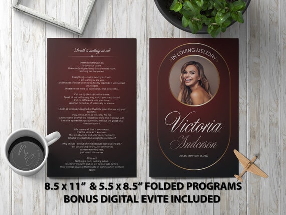 Modern Red Funeral Program Template Memorial Announcement, Obituary Flyer, Celebration of Life Magazine, 5.5x8.5 & 8.5x11 Digital Program