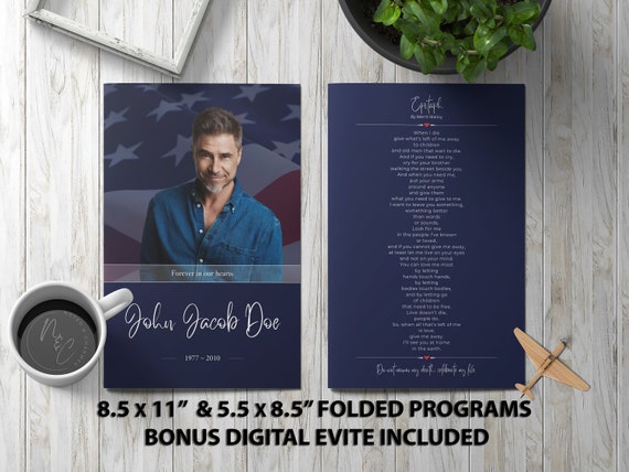 Military Patriot Funeral Program Template Memorial Announcement, Obituary Flyer, Celebration of Life Magazine, 5.5x8.5 & 8.5x11 + Evite
