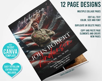 Memorial Funeral Program, US Flag, Patriot Editable Canva template. Funeral Announcement Obituary Funeral Flyer Celebration of Life Magazine