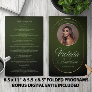 Modern Green Funeral Program Template Memorial Announcement, Obituary Flyer, Celebration of Life Magazine, 5.5x8.5 & 8.5x11 Digital Program