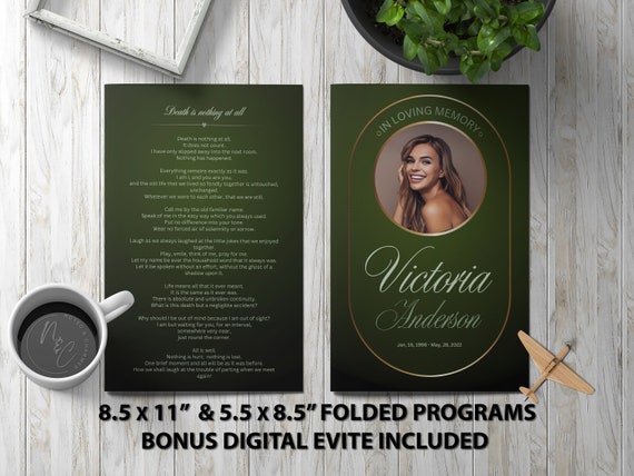 Modern Green Funeral Program Template Memorial Announcement, Obituary Flyer, Celebration of Life Magazine, 5.5x8.5 & 8.5x11 Digital Program