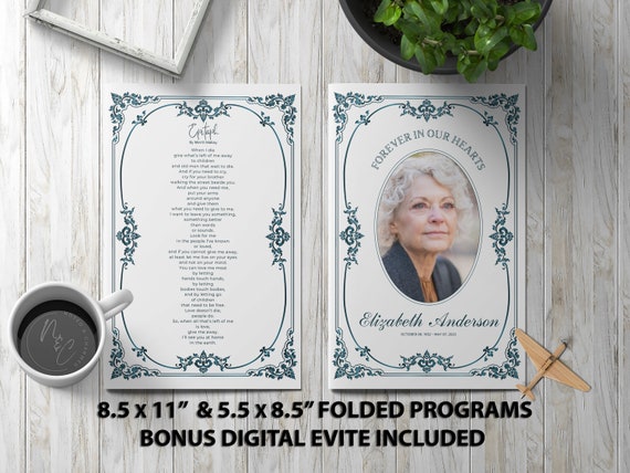 Blue Vintage Funeral Program Template Memorial Announcement, Obituary Flyer, Celebration of Life Magazine, 5.5x8.5 & 8.5x11 Digital Evite