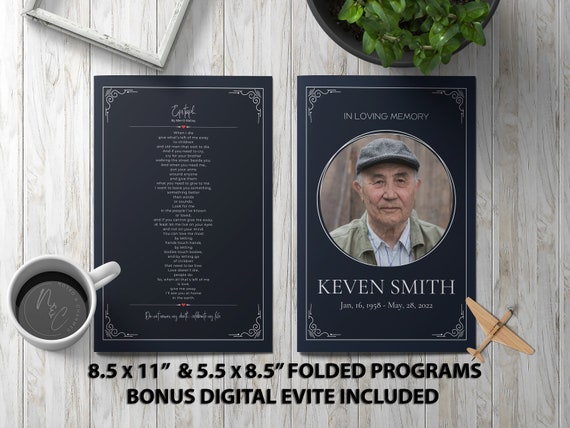 Simple Blue Funeral Program Template | Memorial Announcement, Obituary Flyer, Celebration of Life Magazine - 5.5x8.5 & 8.5x11 Bonus Evite