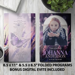 Purple and Pink Funeral Program Template Memorial Announcement, Obituary Flyer, Celebration of Life Magazine, 5.5x8.5 & 8.5x11 + Evite