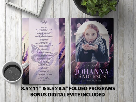 Purple and Pink Funeral Program Template Memorial Announcement, Obituary Flyer, Celebration of Life Magazine, 5.5x8.5 & 8.5x11 + Evite