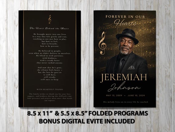 Elegant Music Funeral Program Template for Celebration of Life • Musician Memorial Design in Black and Gold | Noted & Charmed