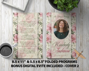 Pink flowers Funeral Program Template Memorial Announcement, Obituary Flyer, Celebration of Life Magazine, 5.5x8.5 & 8.5x11 + Digital Evite