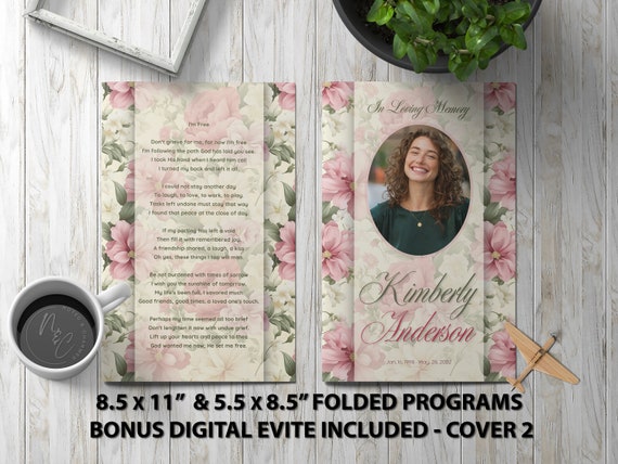 Pink flowers Funeral Program Template Memorial Announcement, Obituary Flyer, Celebration of Life Magazine, 5.5x8.5 & 8.5x11 + Digital Evite