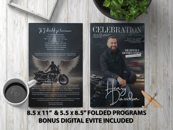 Magazine Motorcycle Angel Funeral Program Template Memorial Announcement, Obituary Flyer, Celebration of Life Magazine - 5.5x8.5 & 8.5x11